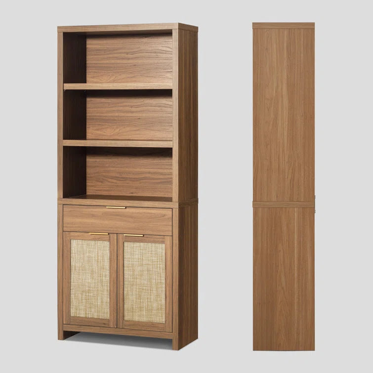 Rattan Double Doors Wooden 5-Tier Tall Bookcase Cabinet