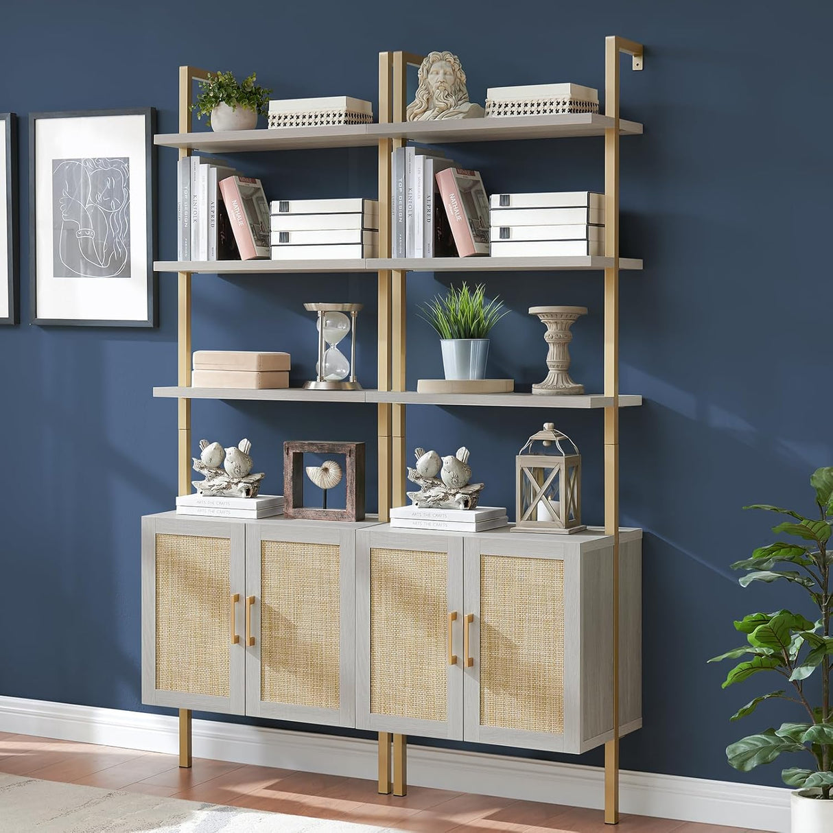 Ladder 73" 5-Shelf Bookcase with Rattan Cabinet