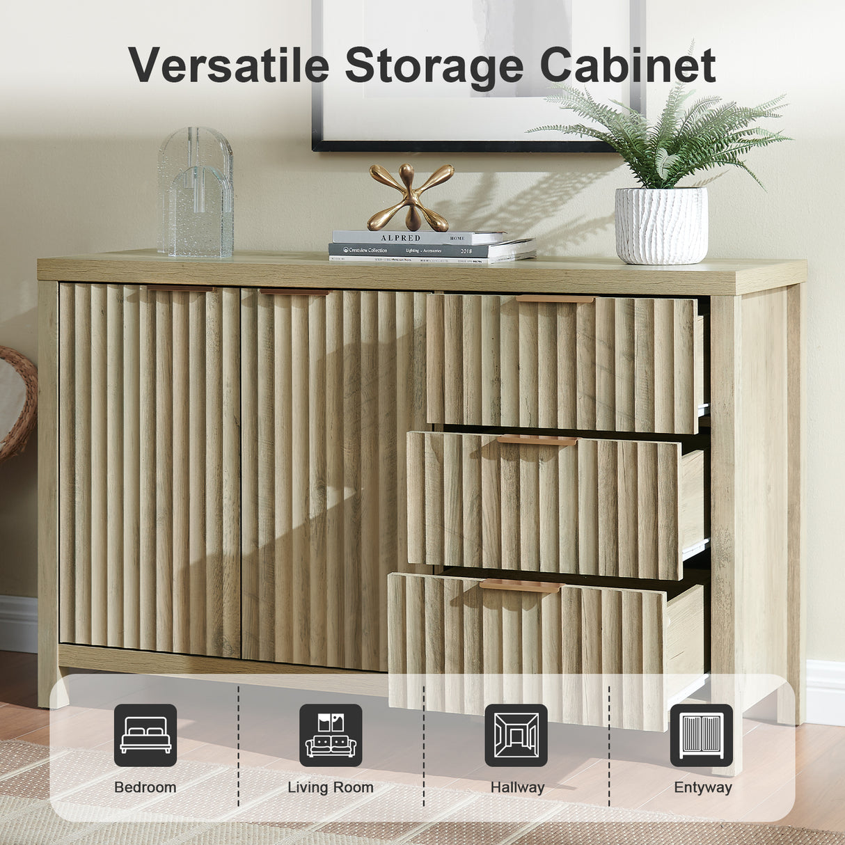 Wooden Fluted Storage Cabinet with Double Doors and 3 Drawers