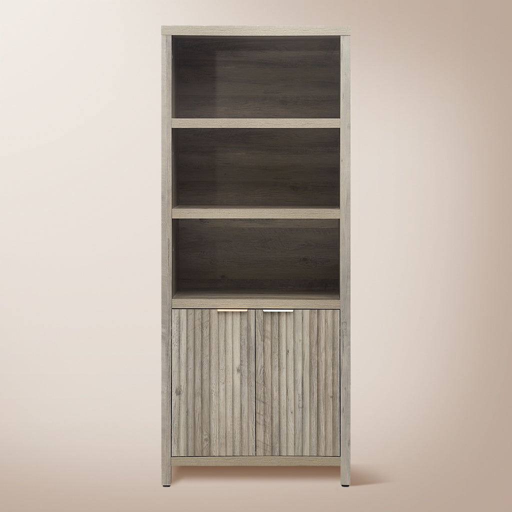 Wooden Fluted 5-Tier Tall Bookcase Cabinet with Doors