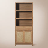 Rattan Double Doors Wooden 5-Tier Tall Bookcase Cabinet