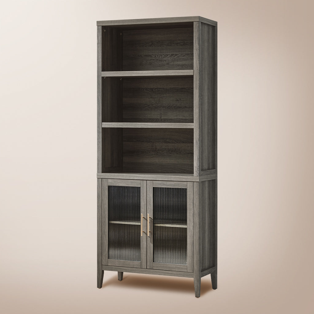 Fluted Reeded Glass Double Doors Wooden 5-Tier Tall Bookcase Cabinet