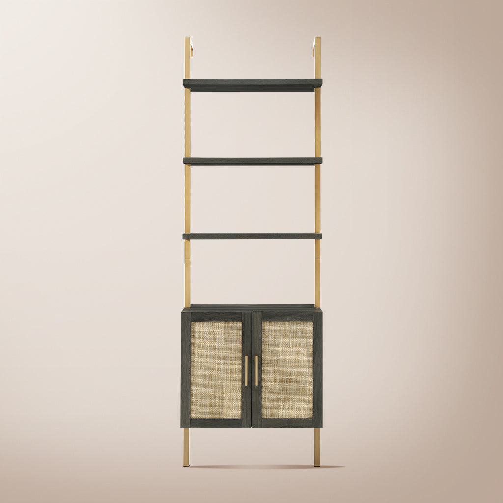 Ladder 73" 5-Shelf Bookcase with Rattan Cabinet