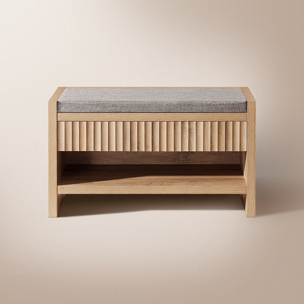 Wooden Fluted Shoe Storage Bench with 2 Drawers